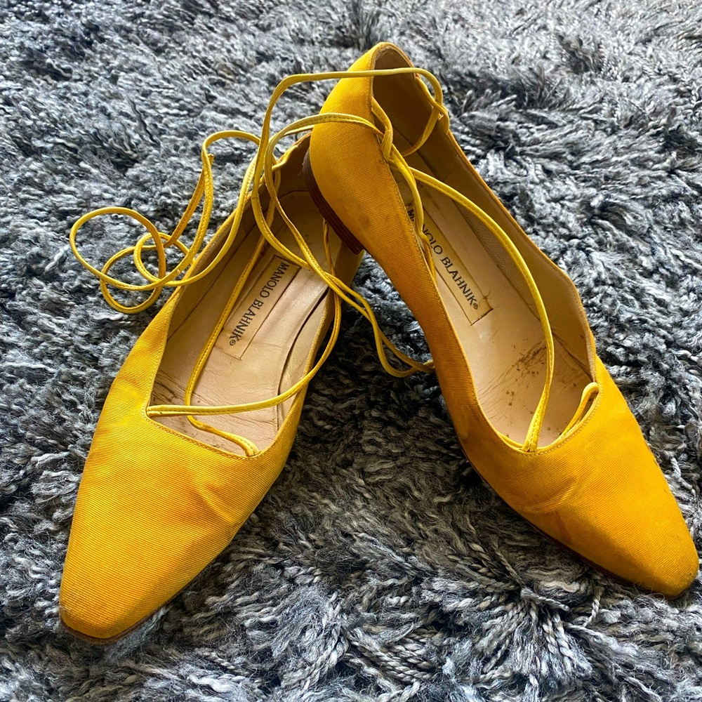 Manolo Blahnik - Vintage Satin Yellow Gold True Ballet Flat with Ties